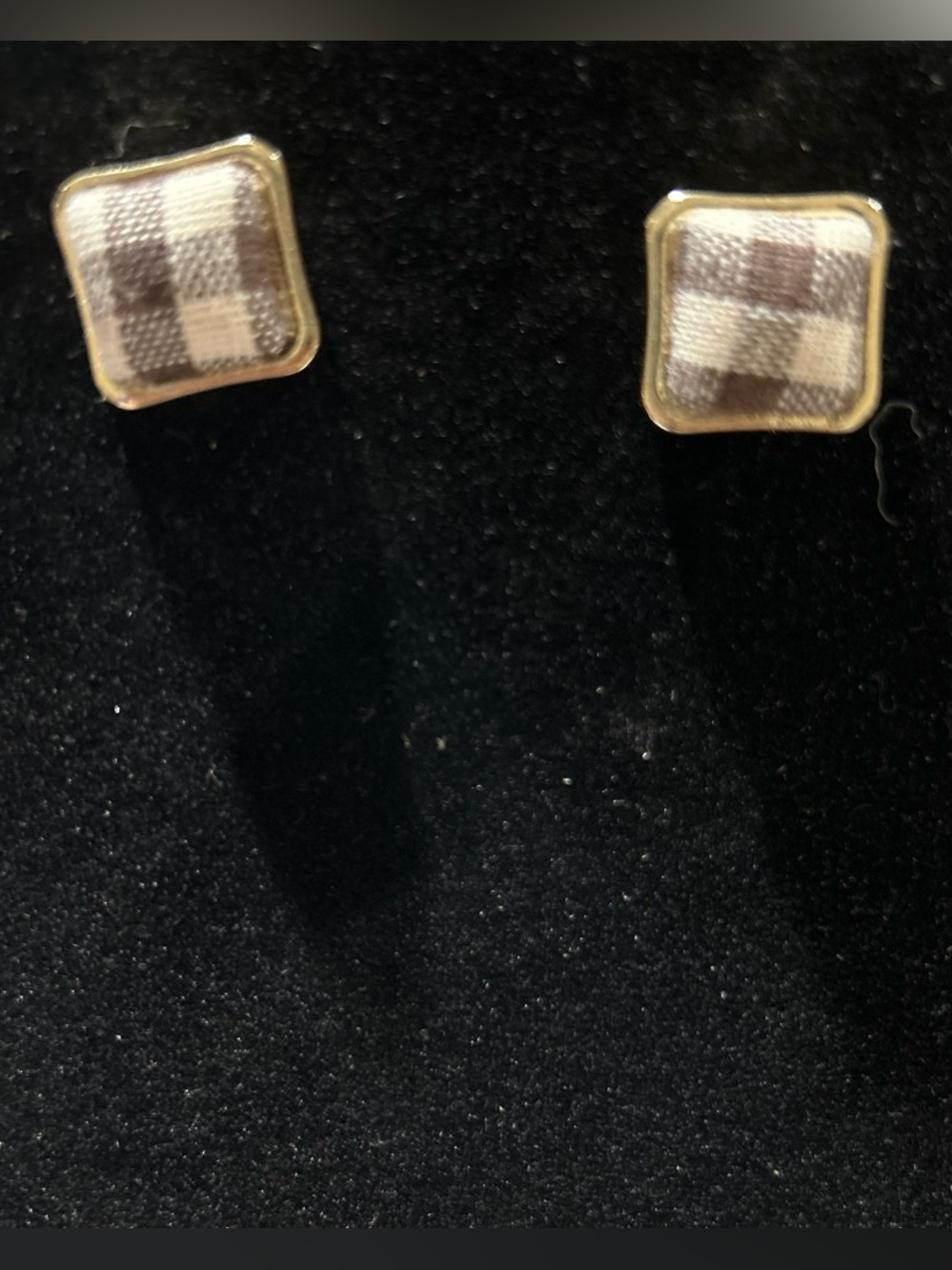 Gold-Trim Brown Plaid Square Stud Earrings